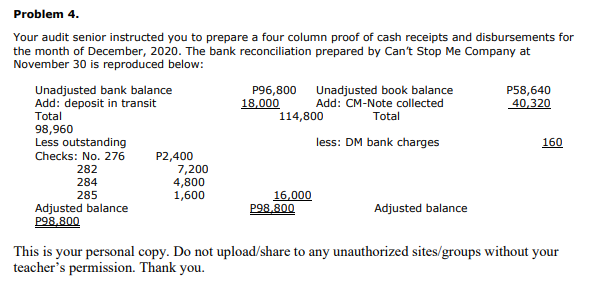 Problem 4.
Your audit senior instructed you to prepare a four column proof of cash receipts and disbursements for
the month of December, 2020. The bank reconciliation prepared by Can't Stop Me Company at
November 30 is reproduced below:
Unadjusted bank balance
Add: deposit in transit
P96,800
18,000
Unadjusted book balance
Add: CM-Note collected
P58,640
40,320
Total
114,800
Total
98,960
Less outstanding
less: DM bank charges
160
P2,400
7,200
4,800
1,600
Checks: No. 276
282
284
285
16,000
P98,800
Adjusted balance
P98,800
Adjusted balance
This is your personal copy. Do not upload/share to any unauthorized sites/groups without your
teacher's permission. Thank you.
