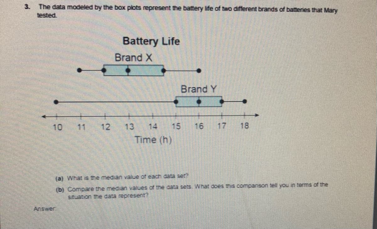 The data modeled by the box plots represent the batery life of two different brands of battenes that Mary
tested.
3.
Battery Life
Brand X
Brand Y
10
11
12
13
14
15
16
17
18
Time (h)
(a) What is the median value of eacn data ser?
(b) Compare the median values of the data sets. What ooes this companson tell you in terms of the
situation the data represent?
Answer
