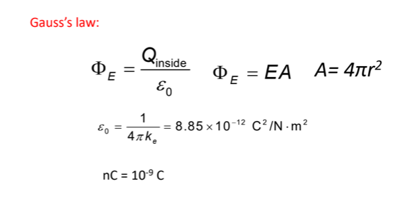 Gauss's law:
Kinside
ФЕ
De = EA A= 4rr?
Eo
1
= 8.85 x 10-12 C²/N -m?
4ak.
nC = 10-9 C
