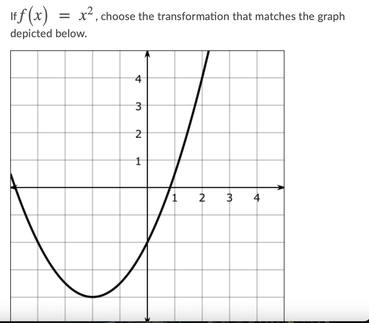 "f(x)
x, choose the transformation that matches the graph
depicted below.
4
3
2
3
4

