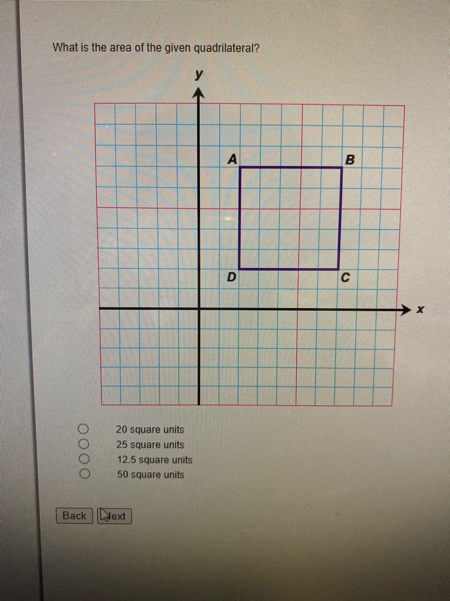 What is the area of the given quadrilateral?
A
C
20 square units
25 square units
12.5 square units
50 square units
Back dext
0000
