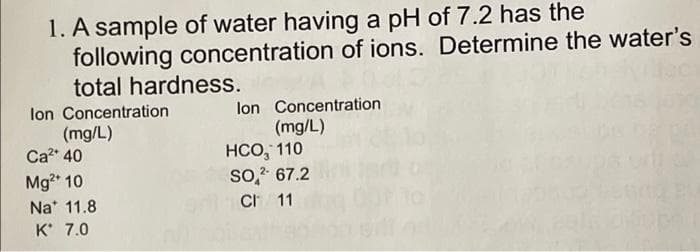1. A sample of water having a pH of 7.2 has the
following concentration of ions. Determine the water's
total hardness.
lon Concentration
(mg/L)
HCO, 110
so* 67.2
CI 11
lon Concentration
(mg/L)
Ca* 40
Mg* 10
Na' 11.8
K* 7.0
