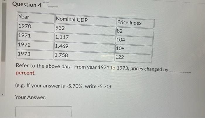 Question 4
Year
1970
1971
1972
1973
Nominal GDP
932
1,117
1,469
1,758
Price Index
82
104
109
122
Refer to the above data. From year 1971 to 1973, prices changed by
percent.
(e.g. If your answer is -5.70%, write -5.70)
Your Answer:
