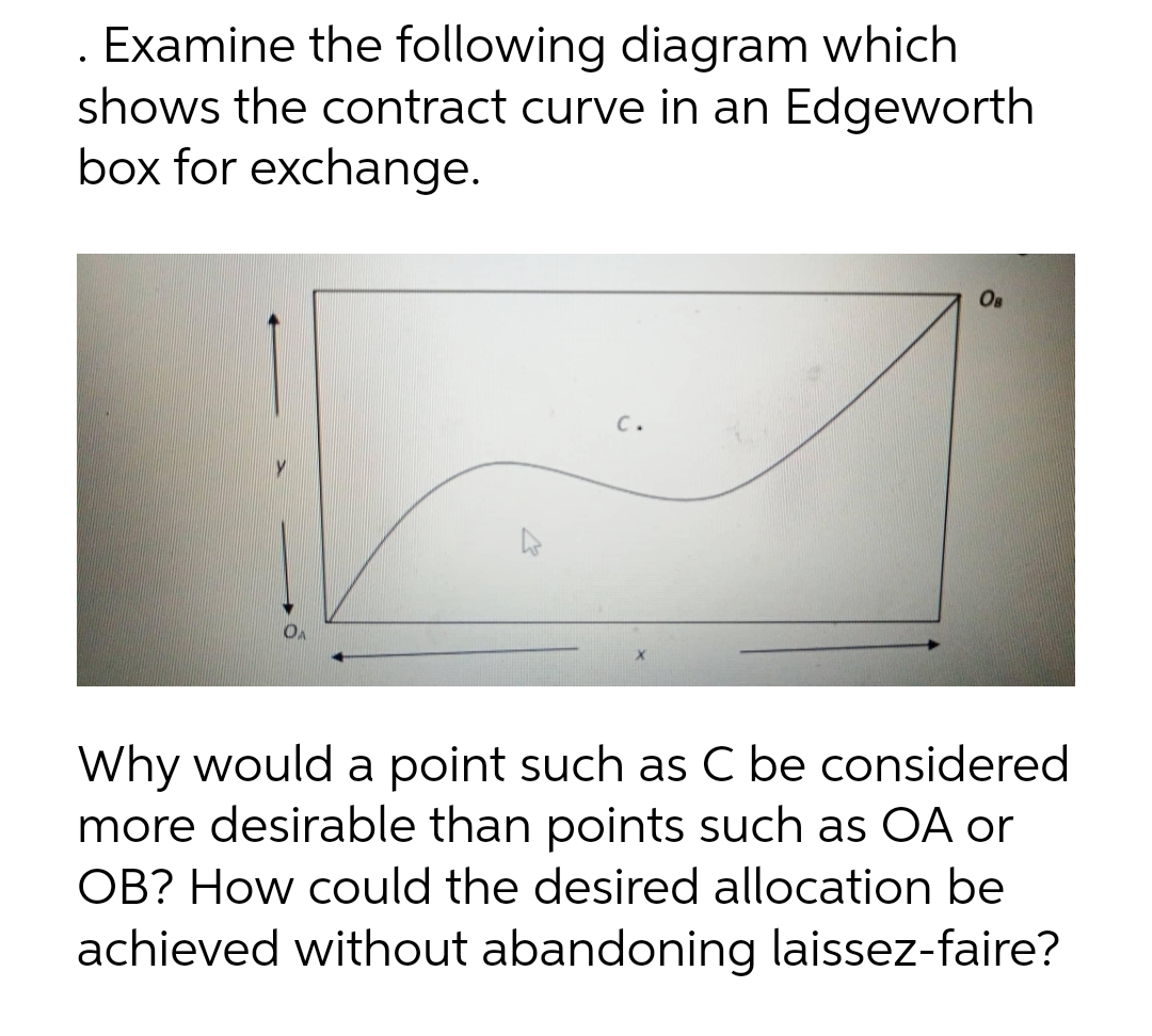 . Examine the following diagram which
shows the contract curve in an Edgeworth
box for exchange.
C.
OB
Why would a point such as C be considered
more desirable than points such as OA or
OB? How could the desired allocation be
achieved without abandoning laissez-faire?