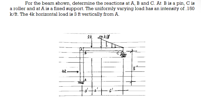 For the beam shown, determine the reactions at A, B and C. At B is a pin, C is
a roller and at A is a fixed support. The uniformly varying load has an intensity of .150
k/ft. The 4k horizontal load is 3 ft vertically from A.
4k.
•
Tam
B
Sk 150k/N