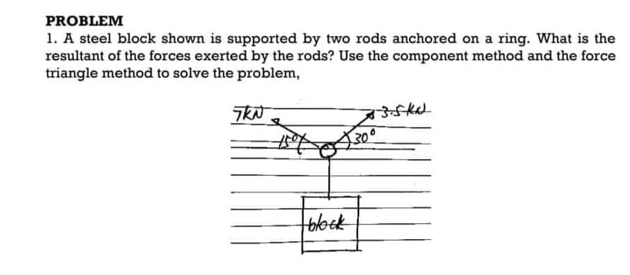PROBLEM
1. A steel block shown is supported by two rods anchored on a ring. What is the
resultant of the forces exerted by the rods? Use the component method and the force
triangle method to solve the problem,
TKN
tblock
73-5K
30