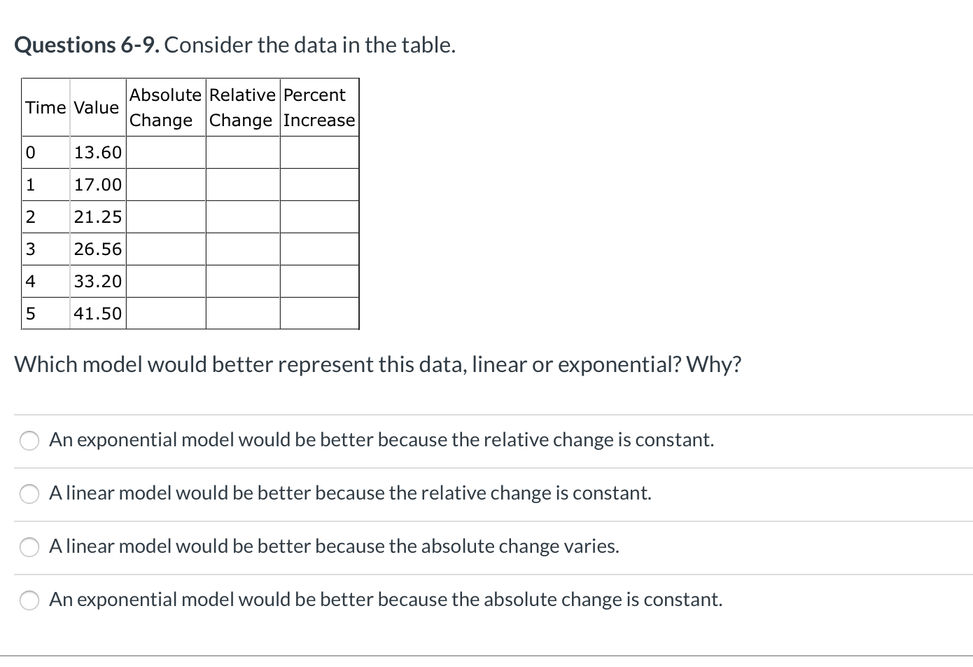 Questions 6-9. Consider the data in the table.
Absolute Relative Percent
|Change Change Increase
Time Value
13.60
17.00
2
21.25
3
26.56
|4
33.20
41.50
Which model would better represent this data, linear or exponential? Why?
An exponential model would be better because the relative change is constant.
A linear model would be better because the relative change is constant.
A linear model would be better because the absolute change varies.
An exponential model would be better because the absolute change is constant.
