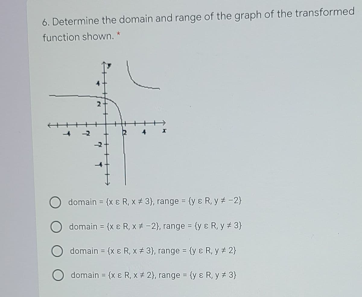 6. Determine the domain and range of the graph of the transformed
function shown. *
2
domain = {x ɛ R, x # 3}, range = {y ɛ R, y # -2}
%3D
domain = {x ɛ R, x # -2}, range = {y ɛ R, y + 3}
%3D
domain = {x ɛ R, x # 3}, range = {y ɛ R, y # 2}
domain = {x ɛ R, x + 2}, range = {y ɛ R, y + 3}
