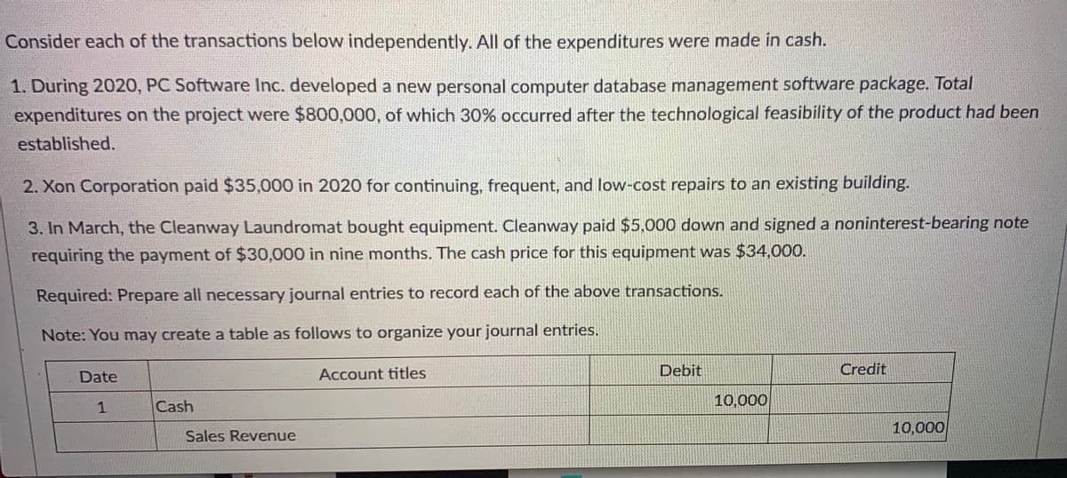 Consider each of the transactions below independently. All of the expenditures were made in cash.
1. During 2020, PC Software Inc. developed a new personal computer database management software package. Total
expenditures on the project were $800,000, of which 30% occurred after the technological feasibility of the product had been
established.
2. Xon Corporation paid $35,000 in 2020 for continuing, frequent, and low-cost repairs to an existing building.
3. In March, the Cleanway Laundromat bought equipment. Cleanway paid $5,000 down and signed a noninterest-bearing note
requiring the payment of $30,000 in nine months. The cash price for this equipment was $34,000.
Required: Prepare all necessary journal entries to record each of the above transactions.
Note: You may create a table as follows to organize your journal entries.
Date
Account titles
Debit
Credit
Cash
10,000
10,000
Sales Revenue
