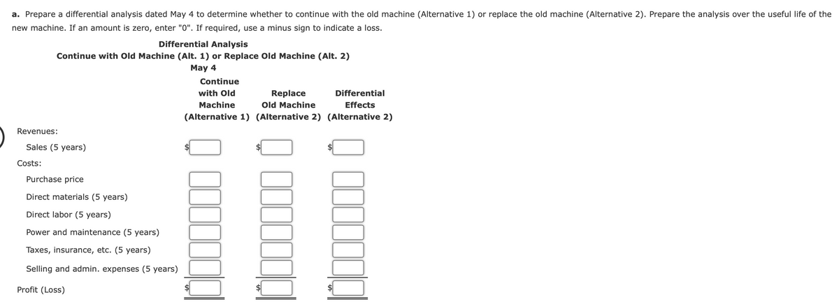 a. Prepare a differential analysis dated May 4 to determine whether to continue with the old machine (Alternative 1) or replace the old machine (Alternative 2). Prepare the analysis over the useful life of the
new machine. If an amount is zero, enter "0". If required, use a minus sign to indicate a loss.
Differential Analysis
Continue with Old Machine (Alt. 1) or Replace Old Machine (Alt. 2)
May 4
Continue
with Old
Differential
Replace
Old Machine
Machine
Effects
(Alternative 1) (Alternative 2) (Alternative 2)
Revenues:
Sales (5 years)
Costs:
Purchase price
Direct materials (5 years)
Direct labor (5 years)
Power and maintenance (5 years)
Taxes, insurance, etc. (5 years)
Selling and admin. expenses (5 years)
Profit (Loss)
