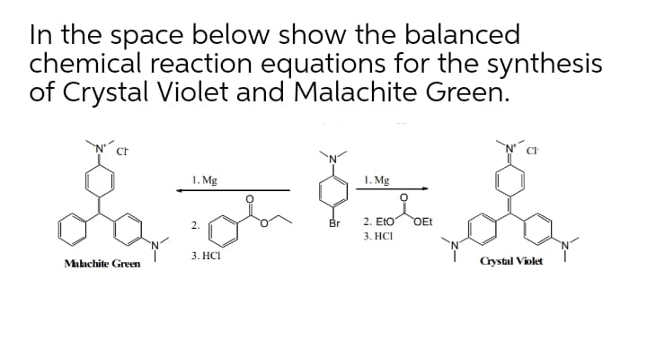 In the space below show the balanced
chemical reaction equations for the synthesis
of Crystal Violet and Malachite Green.
1. Mg
1. Mg
Br
2. EtO
OEt
2.
3. НСІ
3. НС!
Makachite Green
Ciystal Violet
