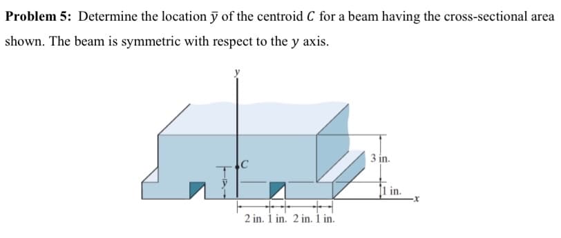 Problem 5: Determine the location ỹ of the centroid C for a beam having the cross-sectional area
shown. The beam is symmetric with respect to the y axis.
3 in.
l in.
2 in. i in. 2 in. 1 in.
