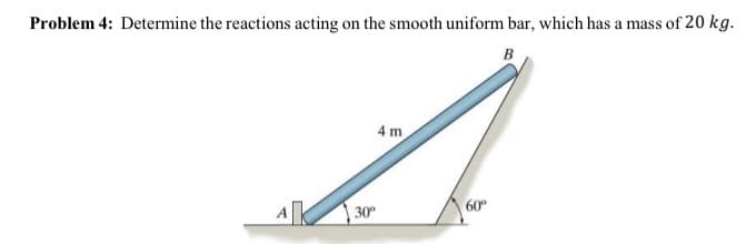 Problem 4: Determine the reactions acting on the smooth uniform bar, which has a mass of 20 kg.
B
4 m
60
30°
