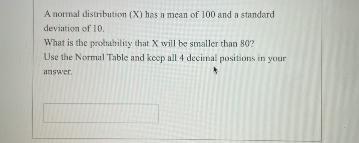 A normal distribution (X) has a mean of 100 and a standard
deviation of 10.
What is the probability that X will be smaller than 80?
Use the Normal Table and keep all 4 decimal positions in your
answer.
