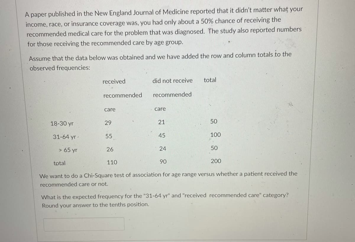 A paper published in the New England Journal of Medicine reported that it didn't matter what your
income, race, or insurance coverage was, you had only about a 50% chance of receiving the
recommended medical care for the problem that was diagnosed. The study also reported numbers
for those receiving the recommended care by age group.
Assume that the data below was obtained and we have added the row and column totals to the
observed frequencies:
received
did not receive
total
recommended
recommended
care
care
18-30 yr
29
21
50
31-64 yr-
55
45
100
> 65 yr
26
24
50
total
110
90
200
We want to do a Chi-Square test of association for age range versus whether a patient received the
recommended care or not.
What is the expected frequency for the "31-64 yr" and "received recommended care" category?
Round your answer to the tenths position.
