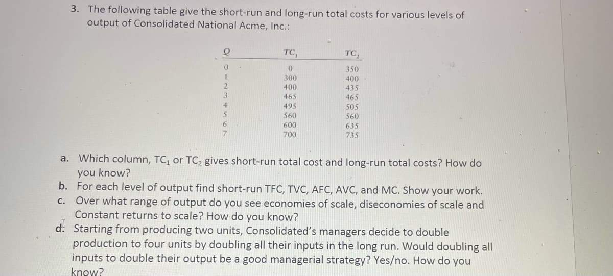 3. The following table give the short-run and long-run total costs for various levels of
output of Consolidated National Acme, Inc.:
TC,
TC,
350
1.
300
400
400
435
3
465
465
4
495
505
560
560
6.
7.
600
635
700
735
a. Which column, TC, or TC, gives short-run total cost and long-run total costs? How do
you know?
b. For each level of output find short-run TFC, TVC, AFC, AVC, and MC. Show your work.
Over what range of output do you see economies of scale, diseconomies of scale and
Constant returns to scale? How do you know?
d. Starting from producing two units, Consolidated's managers decide to double
production to four units by doubling all their inputs in the long run. Would doubling all
inputs to double their output be a good managerial strategy? Yes/no. How do you
С.
know?
