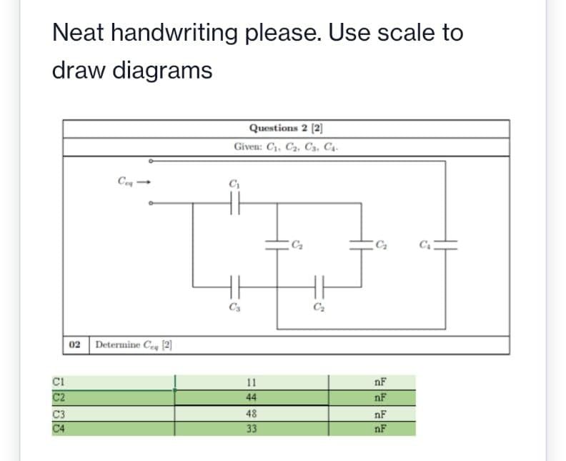 Neat handwriting please. Use scale to
draw diagrams
Questions 2 [2]
Given: C1, C2, Ca, C4-
Ce
C3
C2
02 Determine Cg [2]
CI
11
nF
C2
44
nF
48
nF
nF
C3
C4
33
