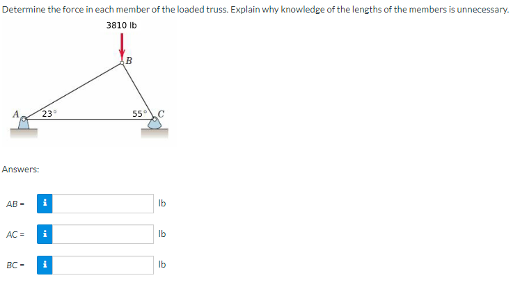 Determine the force in each member of the loaded truss. Explain why knowledge of the lengths of the members is unnecessary.
3810 lb
Answers:
AB=
AC =
BC=
23°
i
55° C
lb
lb
lb