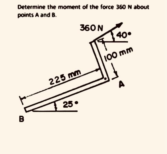 Determine the moment of the force 360 N about
points A and B.
360N
40°
100 mm
225 mm
25 •
B
