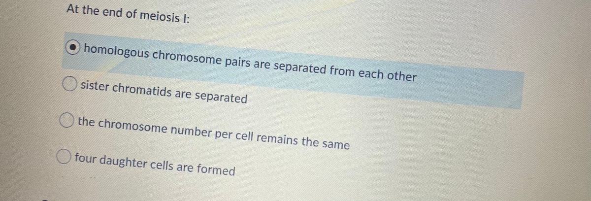 At the end of meiosis I:
homologous chromosome pairs are separated from each other
) sister chromatids are separated
the chromosome number per cell remains the same
four daughter cells are formed

