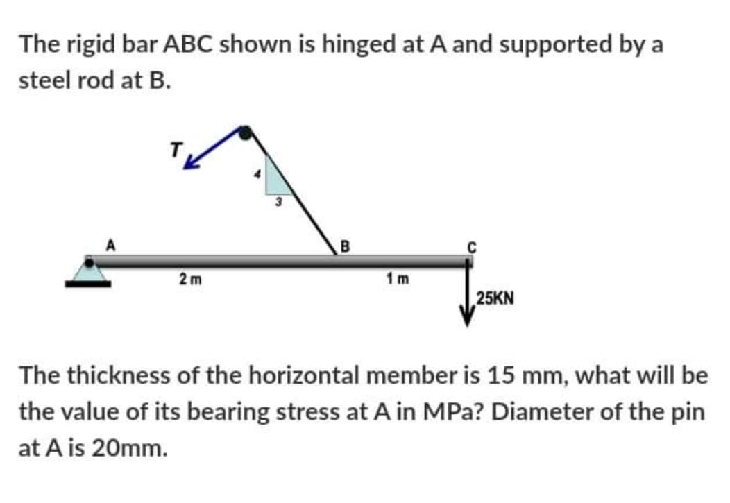 The rigid bar ABC shown is hinged at A and supported by a
steel rod at B.
2 m
1 m
25KN
The thickness of the horizontal member is 15 mm, what will be
the value of its bearing stress at A in MPa? Diameter of the pin
at A is 20mm.
