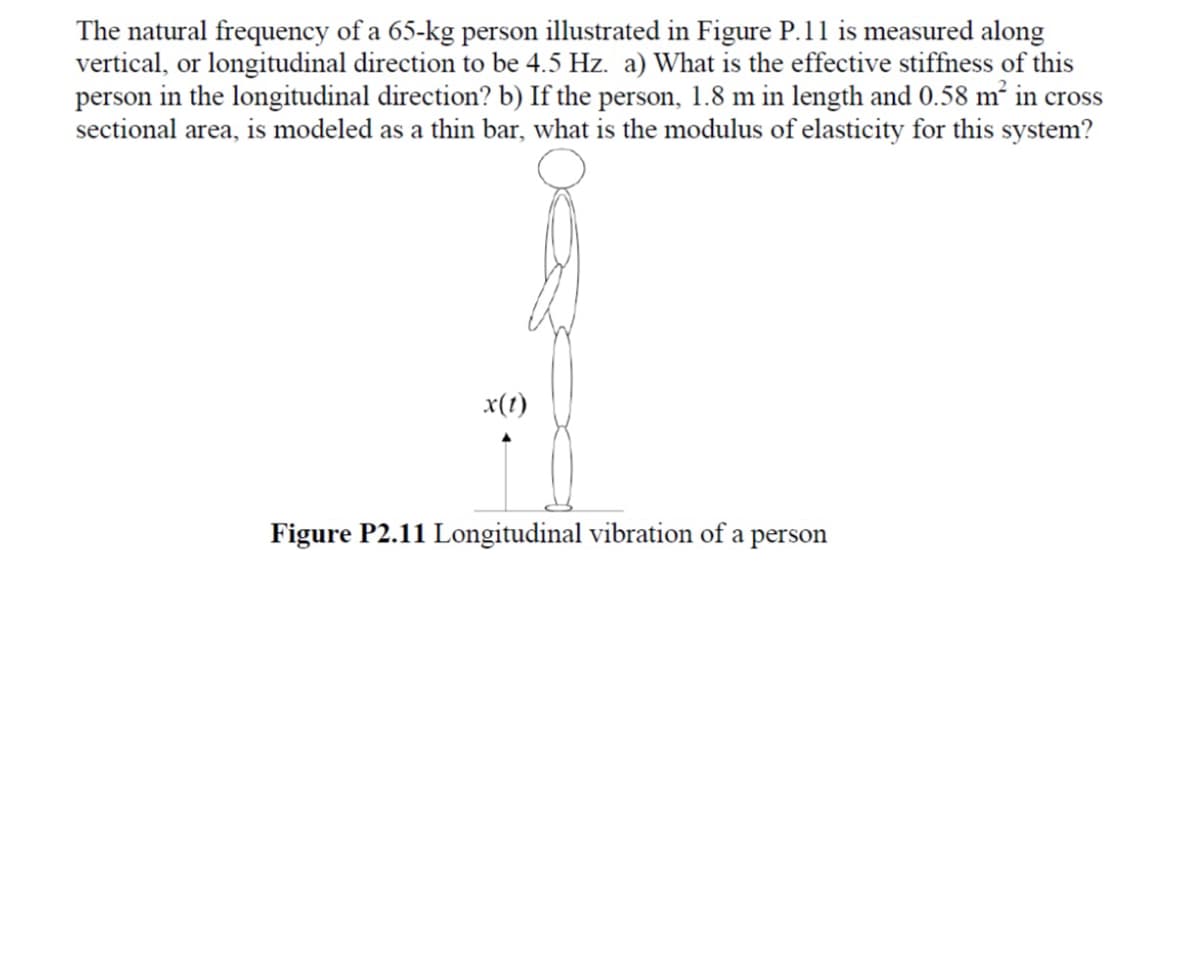 The natural frequency of a 65-kg person illustrated in Figure P.11 is measured along
vertical, or longitudinal direction to be 4.5 Hz. a) What is the effective stiffness of this
person in the longitudinal direction? b) If the person, 1.8 m in length and 0.58 m² in cross
sectional area, is modeled as a thin bar, what is the modulus of elasticity for this system?
x(t)
Figure P2.11 Longitudinal vibration of a person
