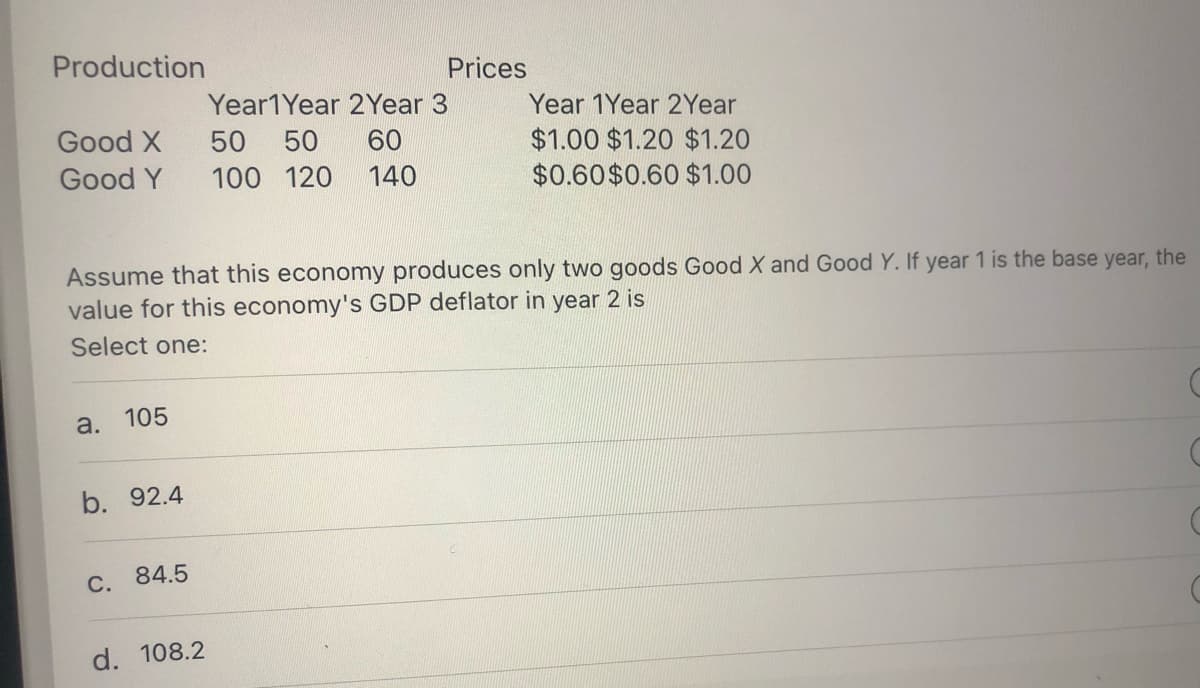 Production
Prices
Year1Year 2Year 3
Year 1Year 2Year
Good X
50 50
60
$1.00 $1.20 $1.20
$0.60$0.60 $1.00
Good Y
100 120
140
Assume that this economy produces only two goods Good X and Good Y. If year 1 is the base year, the
value for this economy's GDP deflator in year 2 is
Select one:
а. 105
b. 92.4
С. 84.5
d. 108.2
