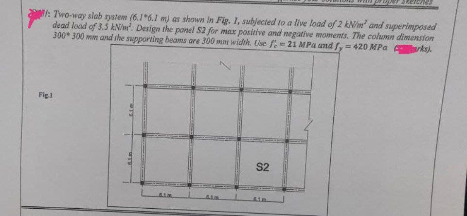 eiches
: Two-way slab system (6.1*6.1 m) as shown in Fig. 1, subjected to a live load of 2 kN/m² and superimposed
dead load of 3.5 kN/m². Design the panel $2 for max positive and negative moments. The column dimension
300* 300 mm and the supporting beams are 300 mm width. Use fe=21 MPa and fy = 420 MPa arks).
Fig.1
S2
6.1m
6.1m