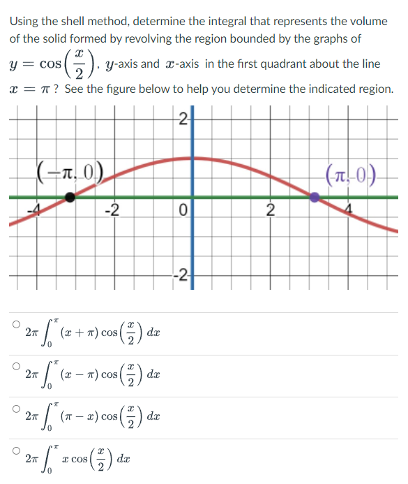 Using the shell method, determine the integral that represents the volume
of the solid formed by revolving the region bounded by the graphs of
y =
= COs
2
G), y-axis and x-axis in the first quadrant about the line
x = T ? See the figure below to help you determine the indicated region.
(-1. 0)
(n. 0)
-2
-2
(x + 7) cos|
().
dx
27
(х — т) сos
dx
(T – æ) cos (
27
dx
° 2 [ zco) de
x cos
2.
