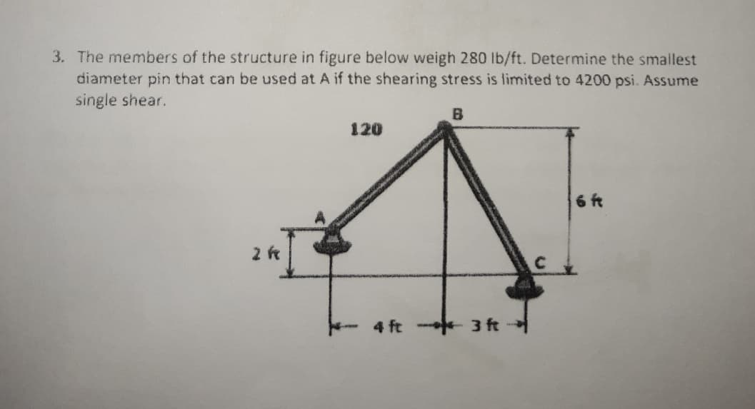 3. The members of the structure in figure below weigh 280 lb/ft. Determine the smallest
diameter pin that can be used at A if the shearing stress is limited to 4200 psi. Assume
single shear.
B
120
6 ft
4 ft 3 ft
