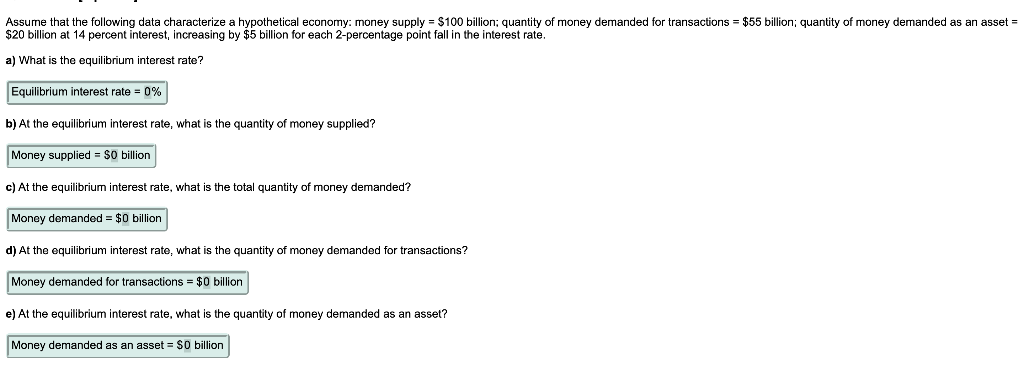 Assume that the following data characterize a hypothetical economy: money supply = $100 billion; quantity of money demanded for transactions = $55 billion; quantity of money demanded as an asset =
$20 billion at 14 percent interest, increasing by $5 billion for each 2-percentage point fall in the interest rate.
a) What is the equilibrium interest rate?
Equilibrium interest rate = 0%
b) At the equilibrium interest rate, what is the quantity of money supplied?
Money supplied = S0 billion
c) At the equilibrium interest rate, what is the total quantity of money demanded?
Money demanded $0 billion
d) At the equilibrium interest rate, what is the quantity of money demanded for transactions?
Money demanded for transactions = $0 billion
e) At the equilibrium interest rate, what is the quantity of money demanded as an asset?
Money demanded as an asset = $0 billion
