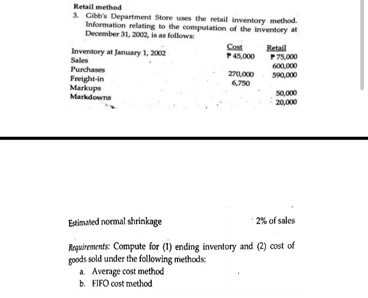 Retail method
3. Gibb's Department Store uses the retail inventory method.
Information relating to the computation of the inventory at
December 31, 2002, is as follows:
Cost
P 45,000
Retail
P 75,000
600,000
590,000
Inventory at January 1, 2002
Sales
Purchases
Freight-in
Markups
Markdowns
270,000
6,750
50,000
20,000
Estimated normal shrinkage
· 2% of sales
Requirements: Compute for (1) ending inventory and (2) cost of
goods sold under the following methods:
a. Average cost method
b. FIFO cost method
