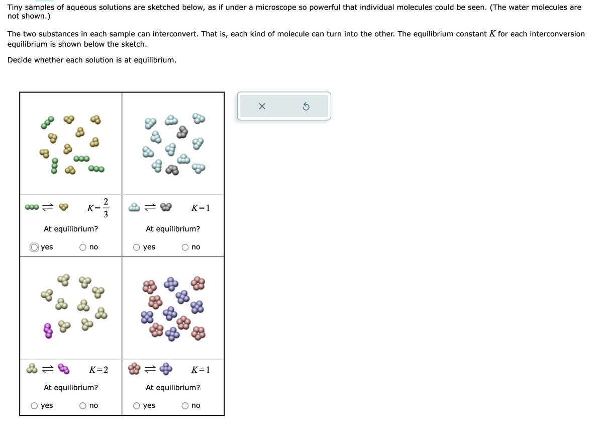 Tiny samples of aqueous solutions are sketched below, as if under a microscope so powerful that individual molecules could be seen. (The water molecules are
not shown.)
The two substances in each sample can interconvert. That is, each kind of molecule can turn into the other. The equilibrium constant K for each interconversion
equilibrium is shown below the sketch.
Decide whether each solution is at equilibrium.
At equilibrium?
yes
2
K ²33
O yes
O
no
At equilibrium?
K=2
no
do
At equilibrium?
yes
K=1
yes
no
K=1
At equilibrium?
no
X