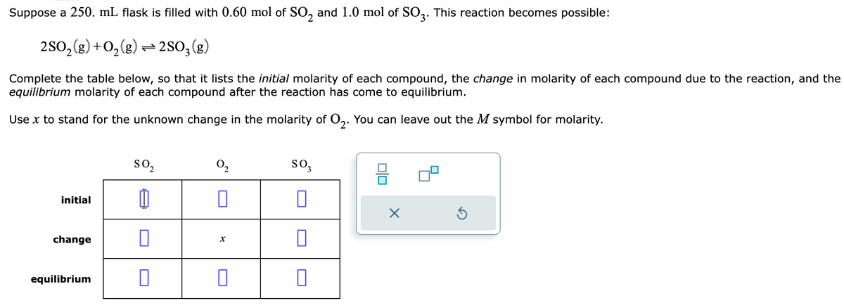 Suppose a 250. mL flask is filled with 0.60 mol of SO₂ and 1.0 mol of SO3. This reaction becomes possible:
2SO₂(g) + O₂(g) — 2SO3(g)
Complete the table below, so that it lists the initial molarity of each compound, the change in molarity of each compound due to the reaction, and the
equilibrium molarity of each compound after the reaction has come to equilibrium.
Use x to stand for the unknown change in the molarity of O₂. You can leave out the M symbol for molarity.
initial
change
equilibrium
SO₂
0₂
0
X
0
SO₂
0
010
X
Ś