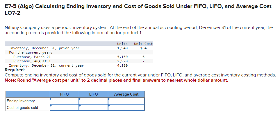 E7-5 (Algo) Calculating Ending Inventory and Cost of Goods Sold Under FIFO, LIFO, and Average Cost
LO7-2
Nittany Company uses a periodic inventory system. At the end of the annual accounting period, December 31 of the current year, the
accounting records provided the following information for product 1:
Ending inventory
Cost of goods sold
Inventory, December 31, prior year
For the current year:
Purchase, March 21
Purchase, August 1
Inventory, December 31, current year
Required:
Compute ending inventory and cost of goods sold for the current year under FIFO, LIFO, and average cost inventory costing methods.
Note: Round "Average cost per unit" to 2 decimal places and final answers to nearest whole dollar amount.
FIFO
Units
1,940
LIFO
Unit Cost
$ 4
5,150
2,920
4,180
Average Cost
6
7