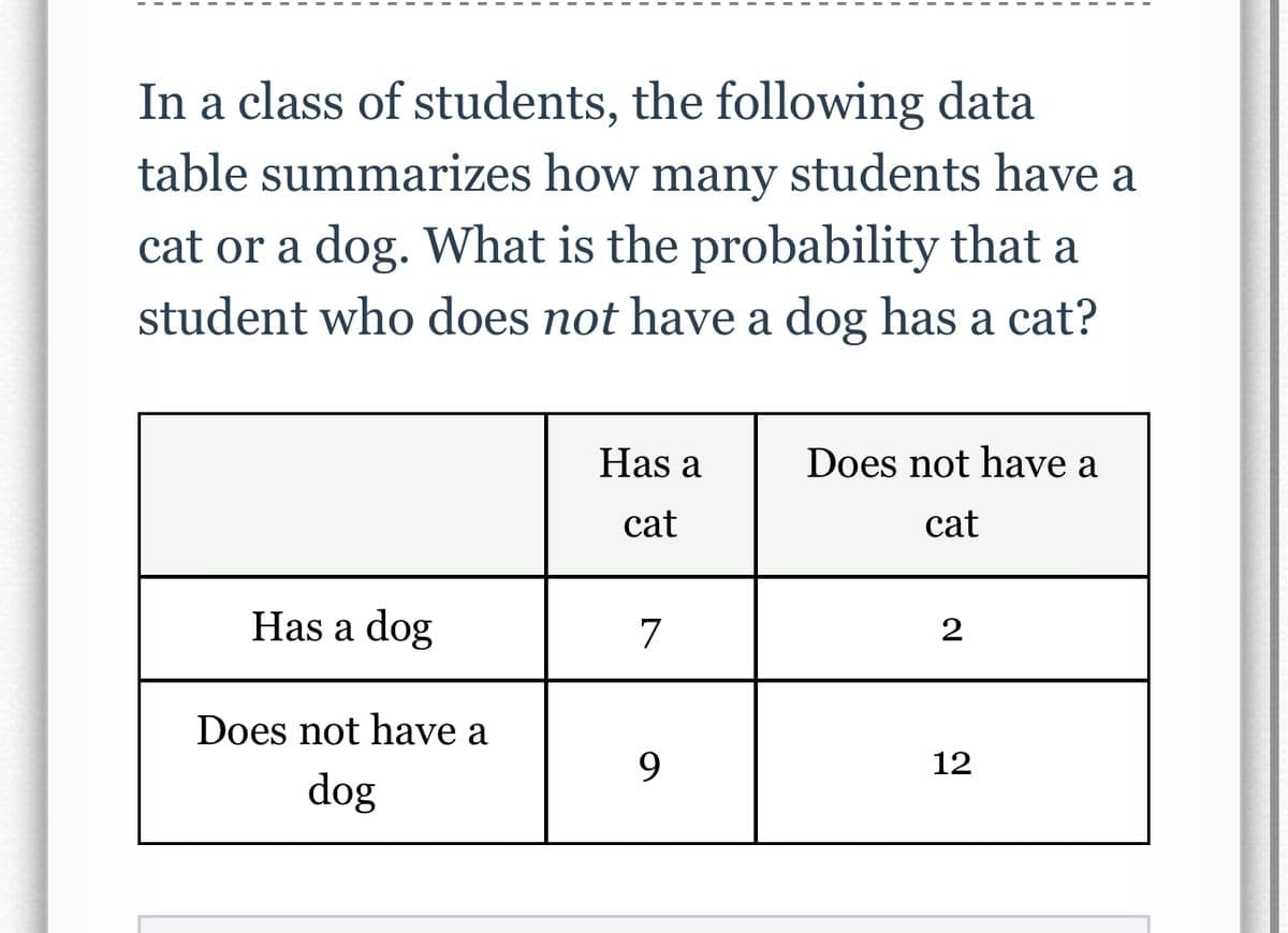 In a class of students, the following data
table summarizes how many students have a
cat or a dog. What is the probability that a
student who does not have a dog has a cat?
Has a dog
Does not have a
dog
Has a
cat
7
9
Does not have a
cat
2
12