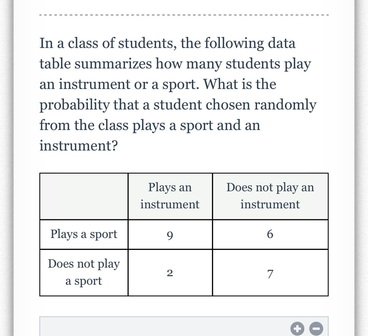 In a class of students, the following data
table summarizes how many students play
an instrument or a sport. What is the
probability that a student chosen randomly
from the class plays a sport and an
instrument?
Plays a sport
Does not play
a sport
Plays an
instrument
9
2
Does not play an
instrument
6
7