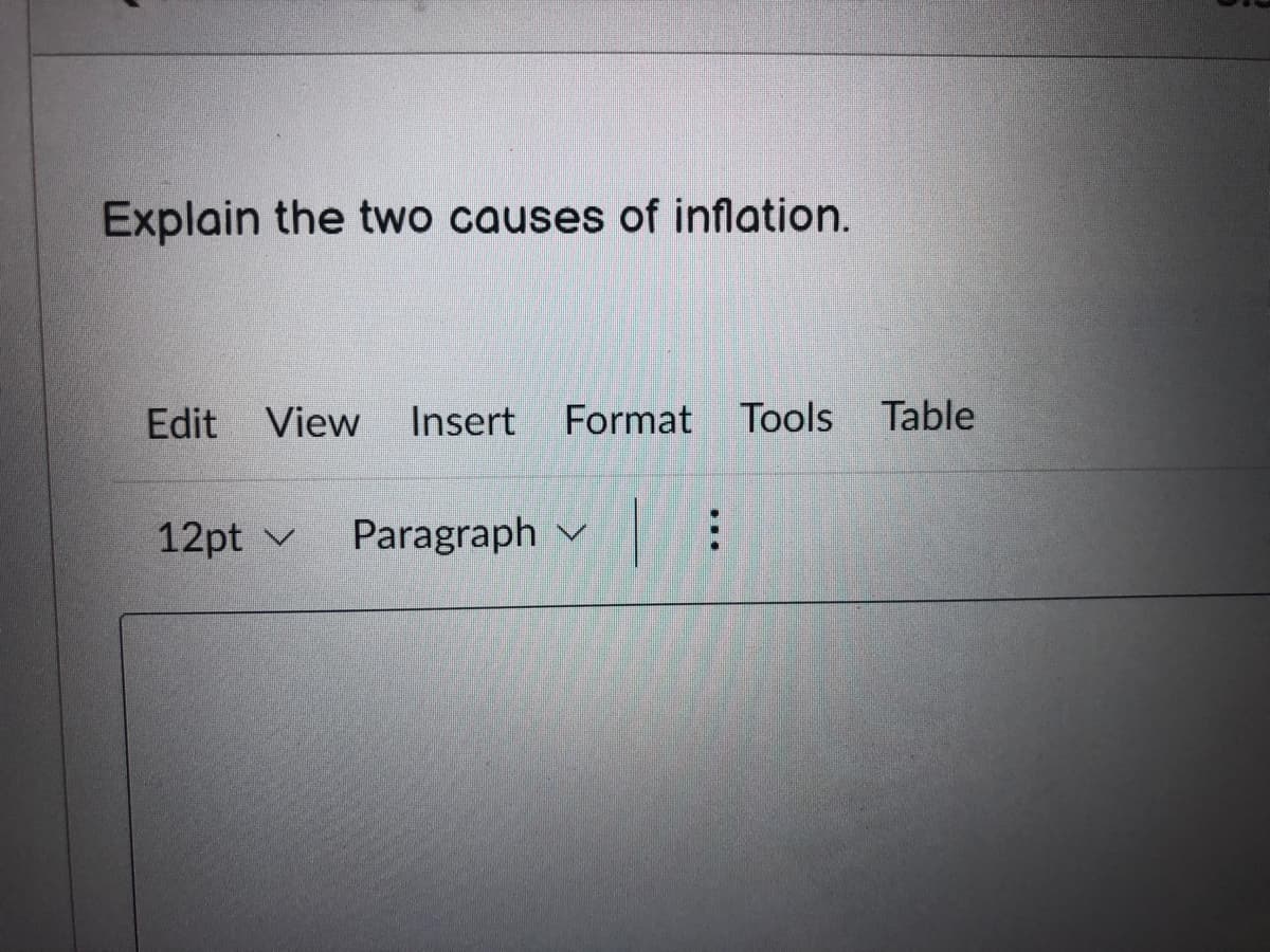 Explain the two causes of inflation.
Edit View Insert Format Tools Table
12pt V Paragraph V
|: