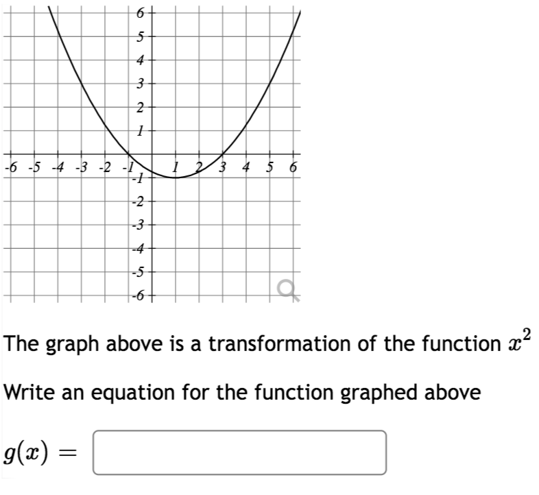 6 +
5
4
3+
g(x)
2
-6 -5 -4 -3 -2 -1
--1
=
7
-2
23
-3+
-4
-5
-6 +
The graph above is a transformation of the function ²
Write an equation for the function graphed above
3 4 5 6