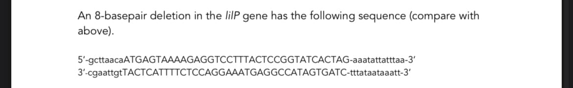An 8-basepair deletion in the lilP gene has the following sequence (compare with
above).
5'-gcttaacaATGAGTAAAAGAGGTCCTTTACTCCGGTATCACTAG-aaatattatttaa-3'
3'-cgaattgtTACTCATTTTCTCCAGGAAATGAGGCCATAGTGATC-tttataataaatt-3'