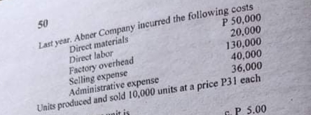 50
Last year. Abner Company incurred the following costs
P 50,000
20,000
130,000
40,000
36,000
Units produced and sold 10,000 units at a price P31 each
Direct materials
Direct labor
Factory overhend
Selling expense
Administrative expense
unit is
G. P 5.00

