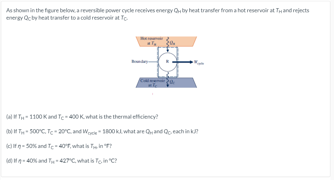 As shown in the figure below, a reversible power cycle receives energy QH by heat transfer from a hot reservoir at TH and rejects
energy Qcby heat transfer to a cold reservoir at Tc.
Hot reservoir
at T
Boundary-
cycle
Cold reservoir 20.
at Te
(a) If TH = 1100Kand Tc = 400 K, what is the thermal efficiency?
(b) If TH = 500°C, Tc = 20°C, and Waycle = 1800 kJ, what are QHand Qc, each in kJ?
(c) If n = 50% and Tc = 40°F, what is TH, in °F?
(d) If n = 40% and TH = 427°C, what is Tc, in °C?
