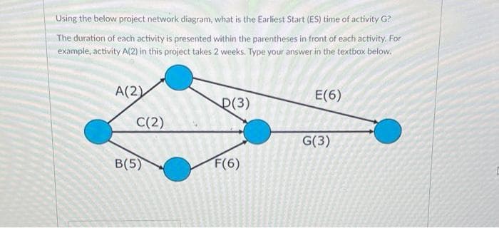 Using the below project network diagram, what is the Earliest Start (ES) time of activity G?
The duration of each activity is presented within the parentheses in front of each activity. For
example, activity A(2) in this project takes 2 weeks. Type your answer in the textbox below.
A(2)
E(6)
D(3)
C(2)
G(3)
B(5)
F(6)

