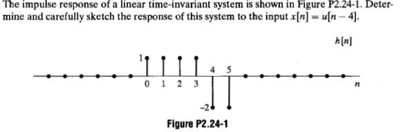 The impulse response of a linear time-invariant system is shown in Figure P2.24-1. Deter-
mine and carefully sketch the response of this system to the input x[n] = u[n-4].
h[n]
0 1 2 3
Figure P2.24-1