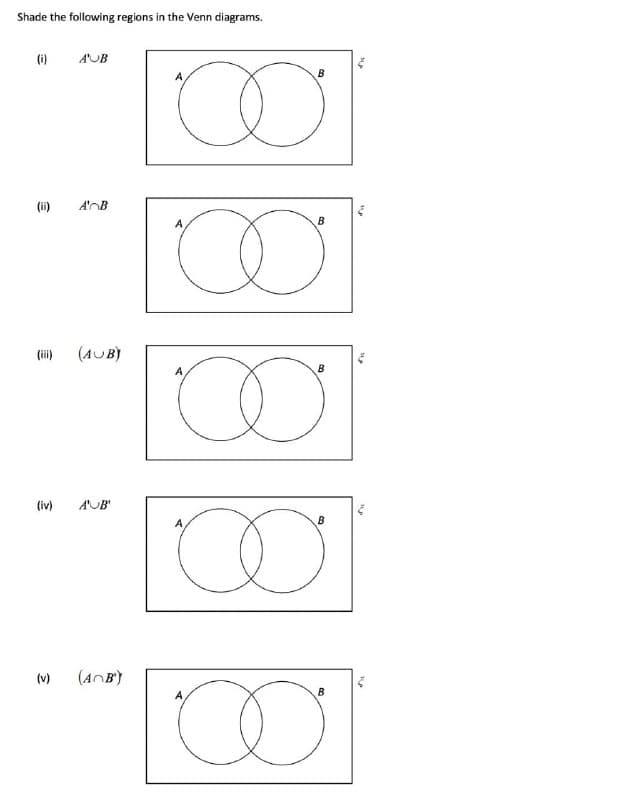 Shade the following regions in the Venn diagrams.
(i)
A'UB
A
B.
(ii)
A'OB
A
(ii)
(AUB)
A
B.
(iv)
A'UB'
B
(v)
(ANB)
A,

