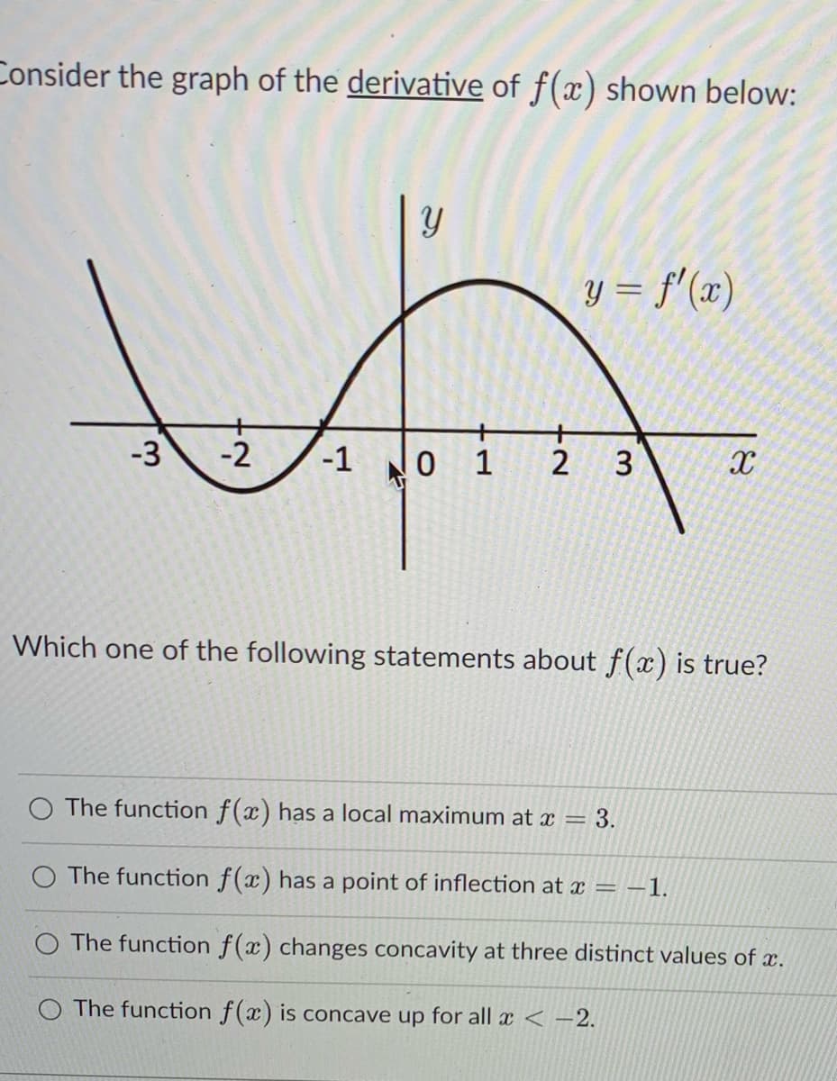 Consider the graph of the derivative of f(x) shown below:
Y = f'(x)
-3
-2
-1
01
1
Which one of the following statements about f(x) is true?
The function f(x) has a local maximum at x = 3.
O The function f(x) has a point of inflection at x =
-1.
O The function f(x) changes concavity at three distinct values of x.
The function f(x) is concave up for all x < -2.
