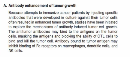 A. Antibody enhancement of tumor growth
Because attempts to immunize cancer patients by injecting specific
antibodies that were developed in culture against their tumor cells
often resulted in enhanced tumor growth, studies have been initiated
to explore the mechanisms of antibody-induced tumor cell growth.
The antitumor antibodies may bind to the antigens on the tumor
cells, masking the antigens and blocking the ability of CTL cells to
bind and kill the tumor cell. Antibody bound to tumor antigen may
inhibit binding of Fc receptors on macrophages, dendritic cells, and
NK cells.
