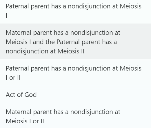 Paternal parent has a nondisjunction at Meiosis
I
Maternal parent has a nondisjunction at
Meiosis I and the Paternal parent has a
nondisjunction at Meiosis II
Paternal parent has a nondisjunction at Meiosis
I or II
Act of God
Maternal parent has a nondisjunction at
Meiosis I or II