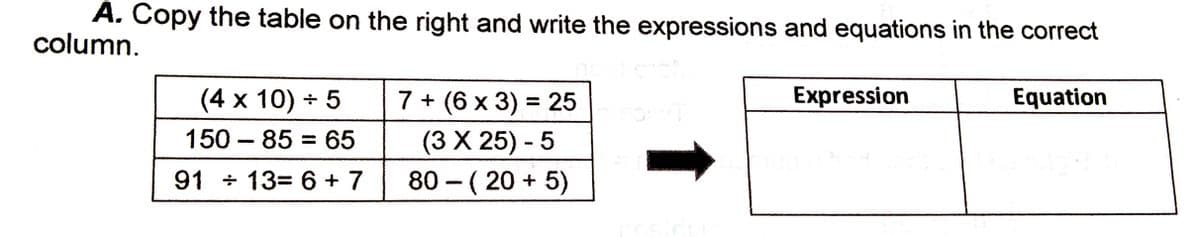A. Copy the table on the right and write the expressions and equations in the correct
column.
(4 x 10) + 5
7 + (6 х 3) %3D25
Expression
Equation
150 - 85 = 65
(3 X 25) - 5
91 + 13= 6 + 7
80 - ( 20 + 5)
