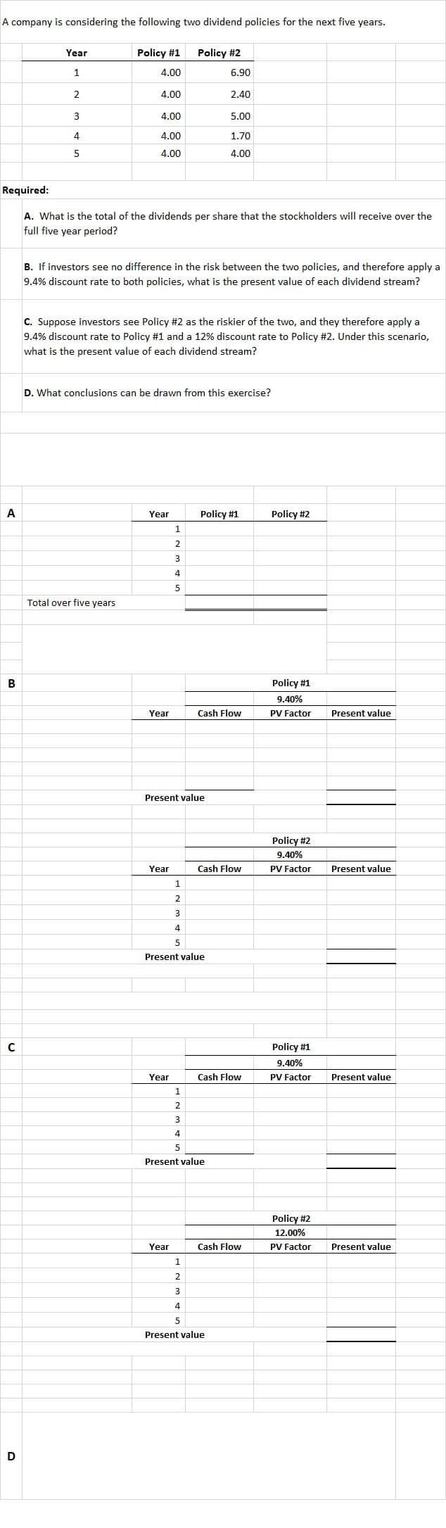 A company is considering the following two dividend policies for the next five years.
Year
Policy #1
Policy #2
4.00
6.90
2
4.00
2.40
4.00
5.00
4
4.00
1.70
4.00
4.00
Required:
A. What is the total of the dividends per share that the stockholders will receive over the
full five year period?
B. If investors see no difference in the risk between the two policies, and therefore apply a
9.4% discount rate to both policies, what is the present value of each dividend stream?
C. Suppose investors see Policy #2 as the riskier of the two, and they therefore apply a
9.4% discount rate to Policy #1 and a 12% discount rate to Policy #2. Under this scenario,
what is the present value of each dividend stream?
D. What conclusions can be drawn from this exercise?
A
Policy #1
Policy #2
Year
1.
2
3
4
Total over five years
B
Policy #1
9.40%
Year
Cash Flow
PV Factor
Present value
Present value
Policy #2
9.40%
Cash Flow
PV Factor
Present value
Year
1.
3
4
5
Present value
Policy #1
9.40%
Year
Cash Flow
PV Factor
Present value
1.
3
4
5
Present value
Policy #2
12.00%
Year
Cash Flow
PV Factor
Present value
1.
3
4
5
Present value
D
